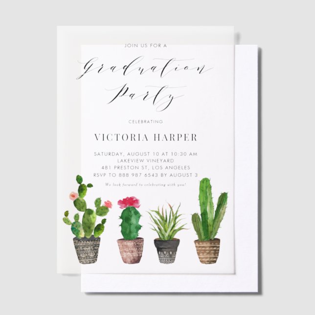Invitations En Vélin Boho Watercolor Poted Cactus Graduation Party (Compenser)