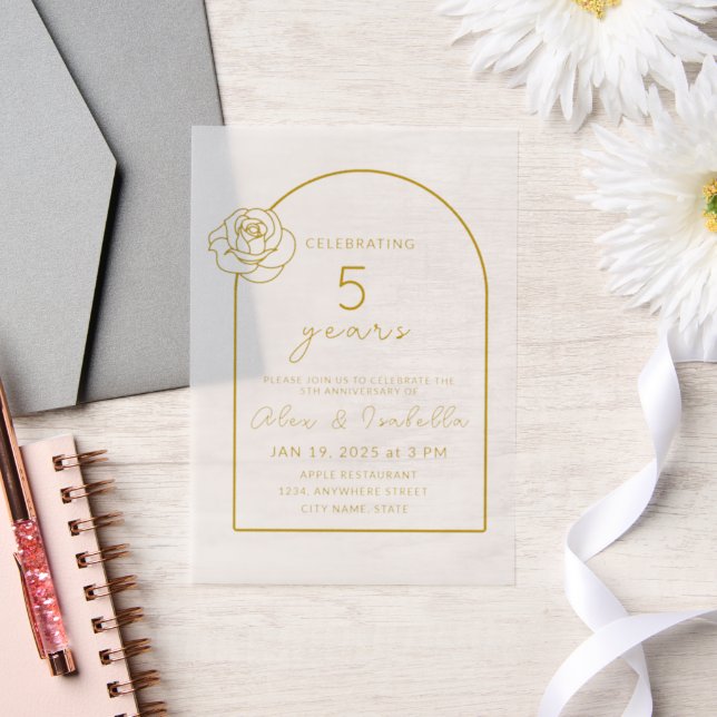 Invitations En Vélin Bois moderne Gold 5e anniversaire Mariage (Mariage)