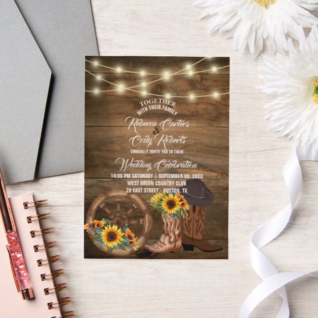 Invitations En Vélin Bottes rustiques Cowboy Sunflower Western Mariage (Mariage)