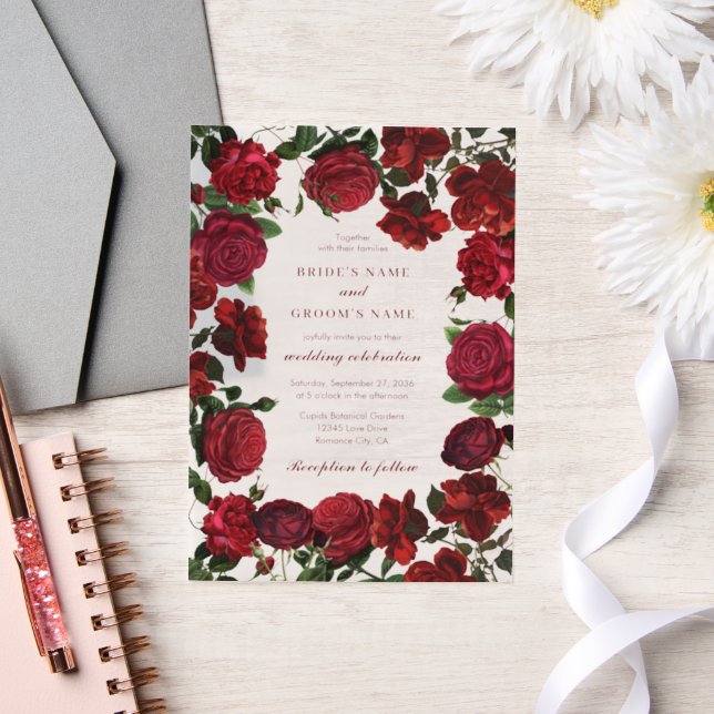 Invitations En Vélin Bourgogne Rouge Floral Aquarelle Rose Mariage (Mariage)