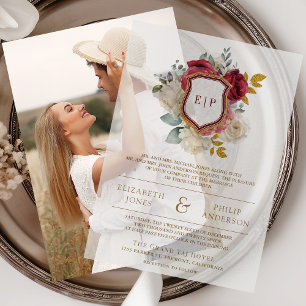 Invitations En Vélin Bourgogne Rouge Floral Couronne Monogramme Mariage