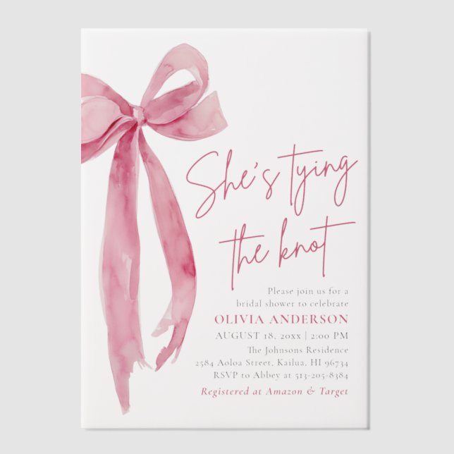 Invitations En Vélin Bow rose vif Elle noue la Fête des mariées de noeu (Recto)