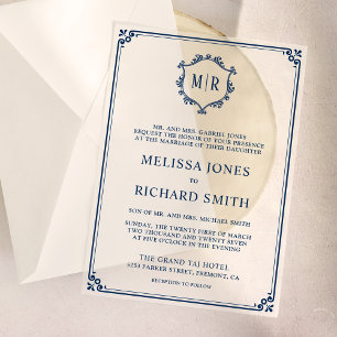 Invitations En Vélin Cadre de blason de monogramme minimal bleu marine