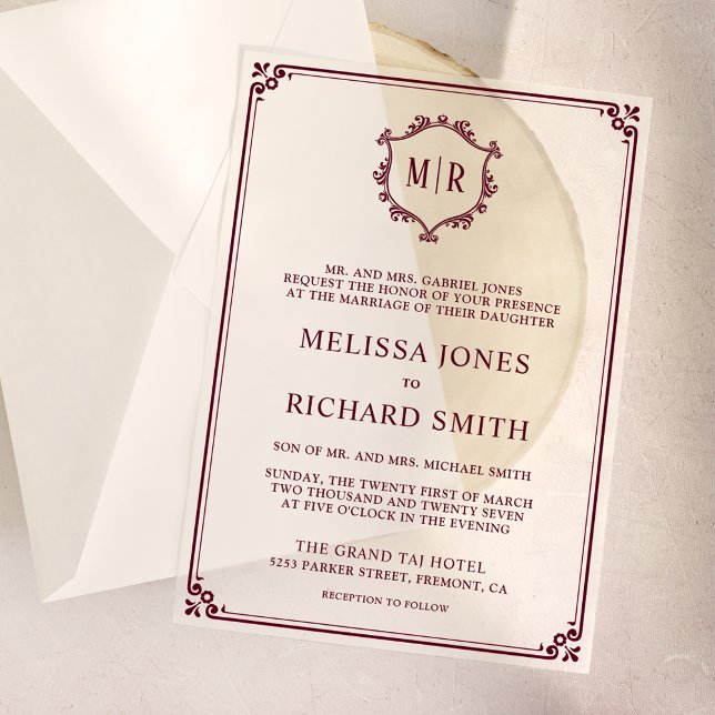Invitations En Vélin Cadre de blason de monogramme minimal bordeaux de  (Créateur téléchargé)