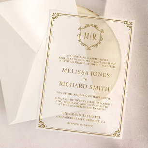 Invitations En Vélin Cadre de blason de monogramme minimal or mariage