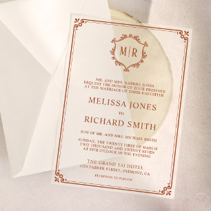 Invitations En Vélin Cadre de blason de monogramme minimal terracotta d