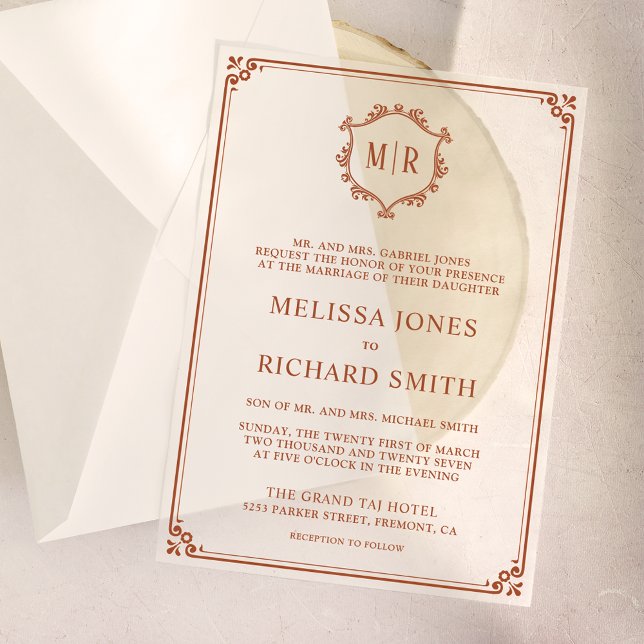 Invitations En Vélin Cadre de blason de monogramme minimal terracotta d (Créateur téléchargé)