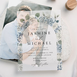 Invitations En Vélin Cadre de mariage élégant à arc floral bleu poussié
