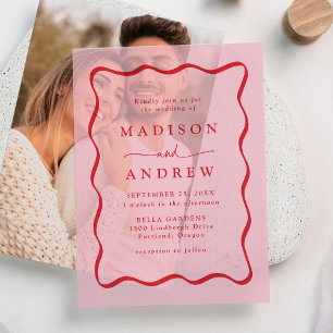 Invitations En Vélin Cadre de mariage ondulé rose et rouge moderne