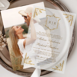Invitations En Vélin Cadre de monogramme orné de couronne dorée pour ma