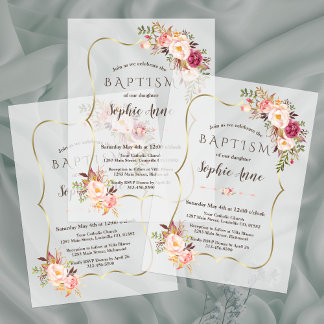Invitations En Vélin Cadre Or moderne Blush rose Fleurs Fille Baptême