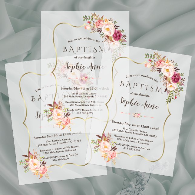 Invitations En Vélin Cadre Or moderne Blush rose Fleurs Fille Baptême (Créateur téléchargé)