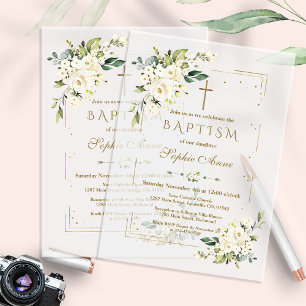 Invitations En Vélin Cadre Pailleté Or Élégant Baptême Floral Blanc