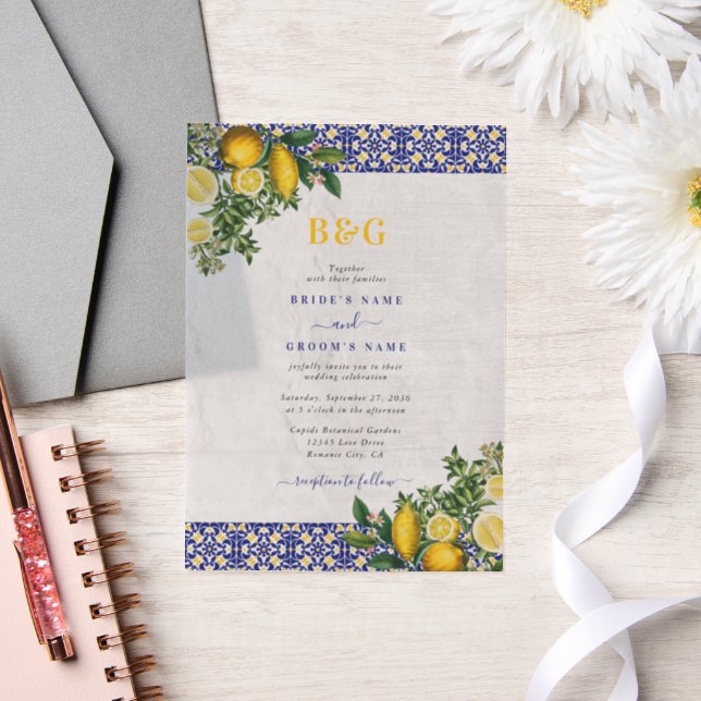 Invitations En Vélin Carrelage bleu blanc jaune méditerranéen Mariage c (Mariage)