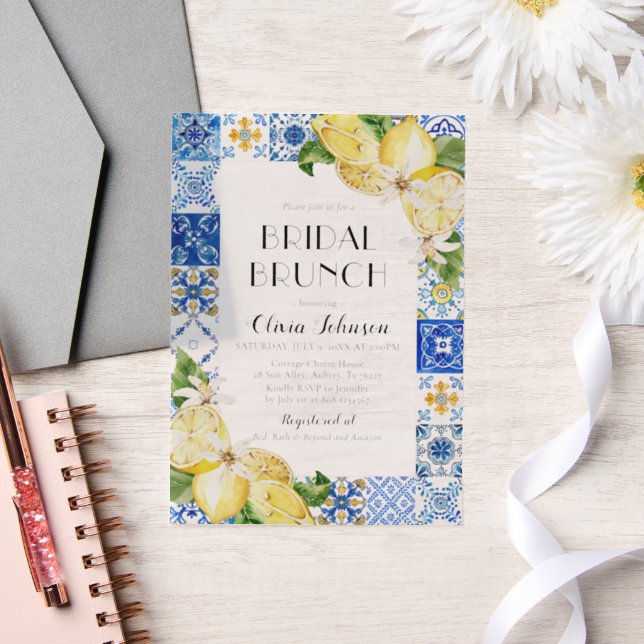 Invitations En Vélin Carrelage Bleu Méditerranéen Bridal Bund Lemons (Mariage)