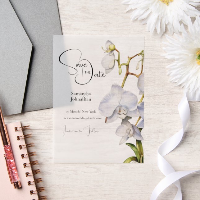 Invitations En Vélin Cascade d'orchidées blanches luxe fleurs tropicale (Mariage)