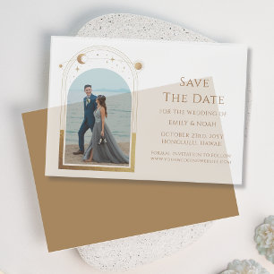 Invitations En Vélin Céleste Blanc Or photo mariage Enregistrer la date