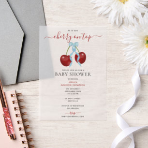 Invitations En Vélin Cerise sur le dessus Baby shower moderne Blue Bow 