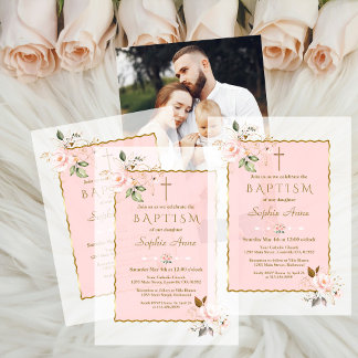 Invitations En Vélin Charm Blush Pink Gold Flowers Girl Baptism