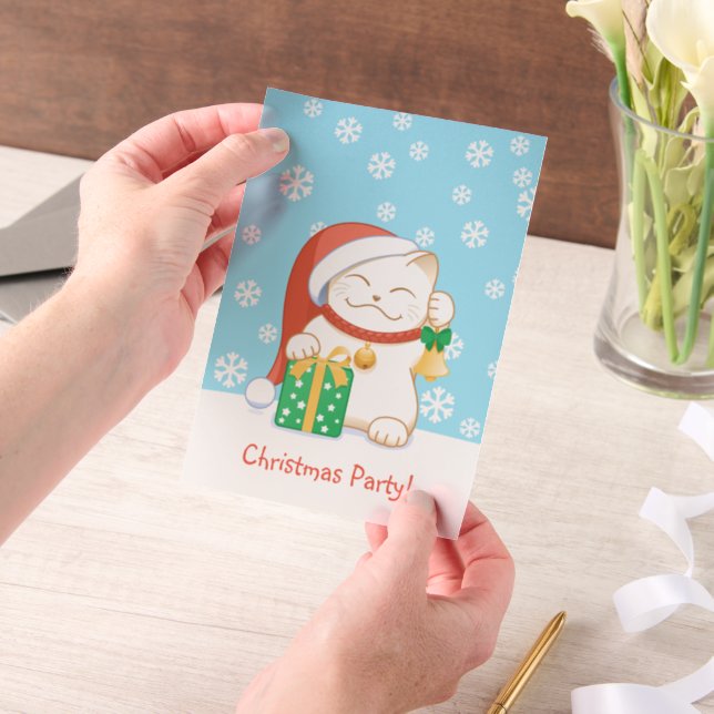 Invitations En Vélin Chat de Noël blanc dans une fête Casquette rouge (Ordinateur de poche)