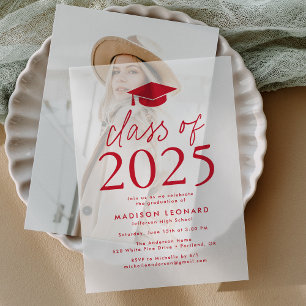 Invitations En Vélin Classe moderne de 2025 Red Graduation Party