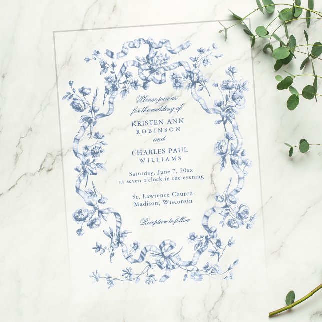 Invitations En Vélin Classic French Blue Flowers & Ribbons Wedding (Créateur téléchargé)