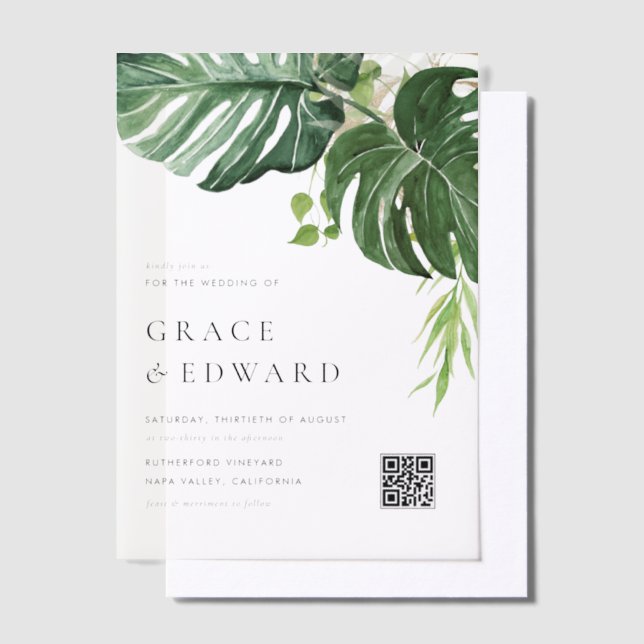 Invitations En Vélin Code QR de mariage tropical Monstera aquarelle (Compenser)