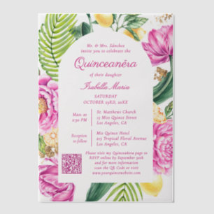 Invitations En Vélin Code QR Fleurs de Peonies Roses Quinceañera Aquare