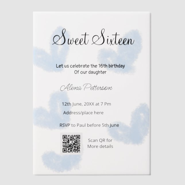 Invitations En Vélin Coeurs d'aquarelle bleu QR Sweet sixteen anniversa (Recto)