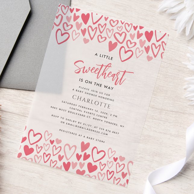 Invitations En Vélin Coeurs roses amour sur le chemin Baby shower fille (Little Sweetheart Pink Hearts Baby Shower Vellum Invitation)