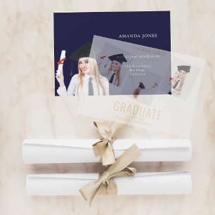 Invitations En Vélin Collection photo bleu de la Marine moderne Graduat