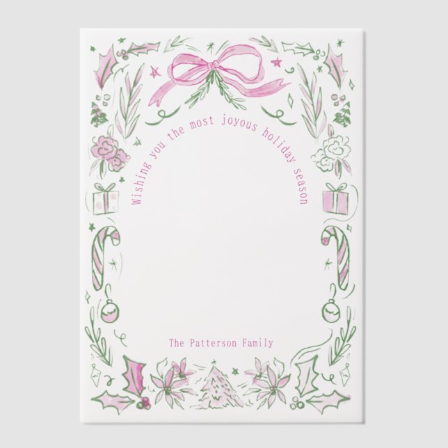 Invitations En Vélin Coquette Famille de Noël Photo Pink Green Doodle (Recto)