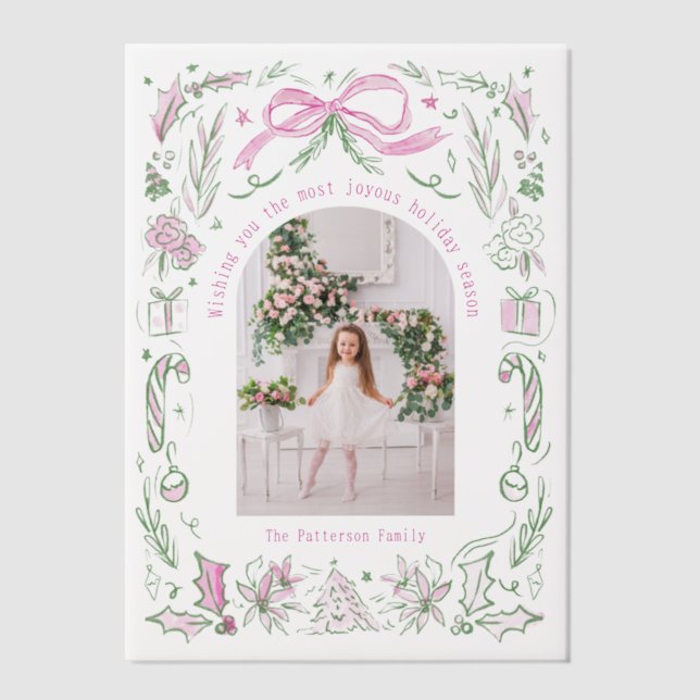 Invitations En Vélin Coquette Famille de Noël Photo Pink Green Doodle (Recto)