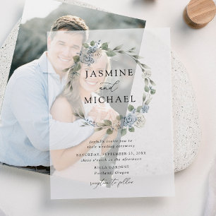 Invitations En Vélin Couronne de fleurs élégante poussiéreuse bleue pou