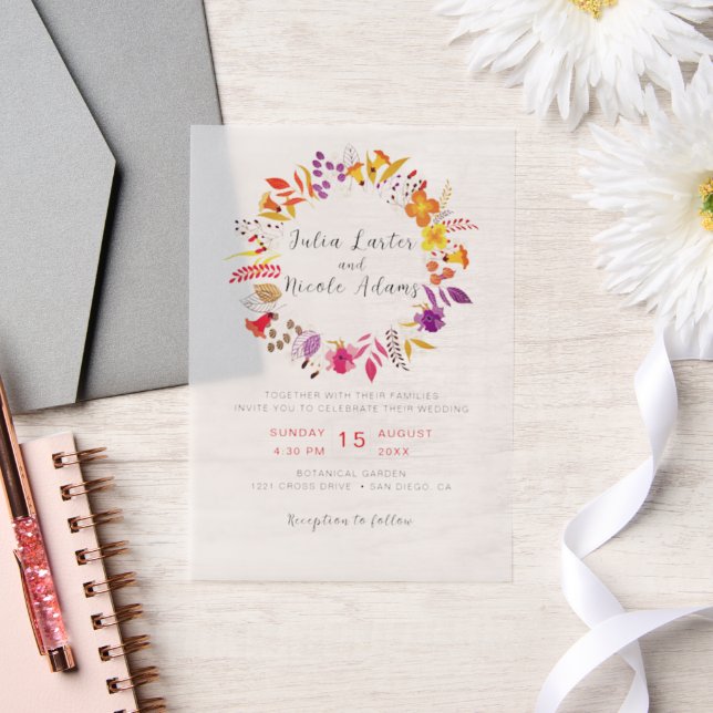 Invitations En Vélin Couronne de fleurs sauvages boho automne feuillage (Mariage)