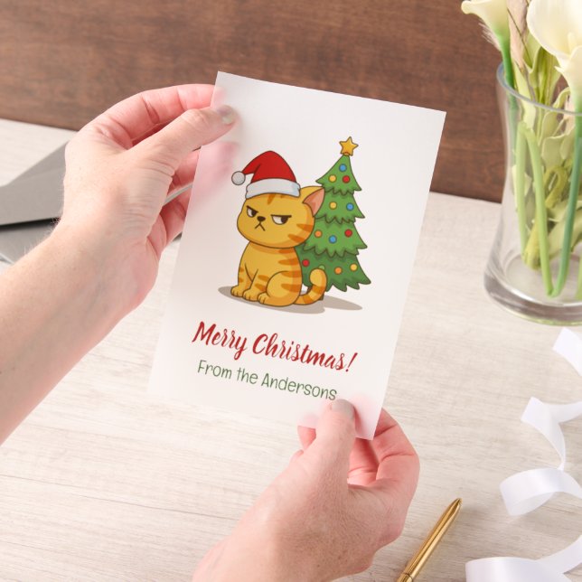 Invitations En Vélin Cranky Tabby Cat Red Hat Christmas Tree Insert (Ordinateur de poche)
