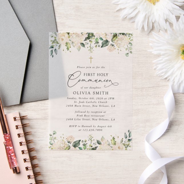 Invitations En Vélin Cream White Flowers, Boho, First Holy Communion (Mariage)