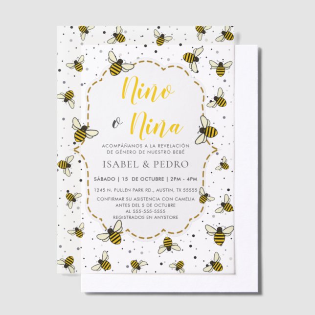 Invitations En Vélin Cute Bee Motif espagnol Sexe Révélation (Compenser)