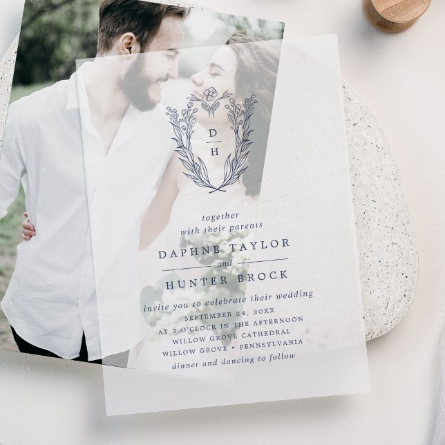 Invitations En Vélin DAPHNE Marine Bleu Botanique Simple Mariage élégan (DAPHNE Navy Blue Botanical Simple Elegant Wedding Vellum Invitations)