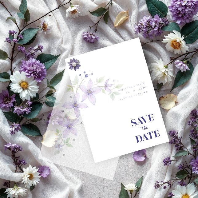 Invitations En Vélin Délicat Floral & Botanique Mariage pourpre (Delicate Floral & Botanical Branch Light Purple Wedding Overlay Vellum Cards. Wedding.)