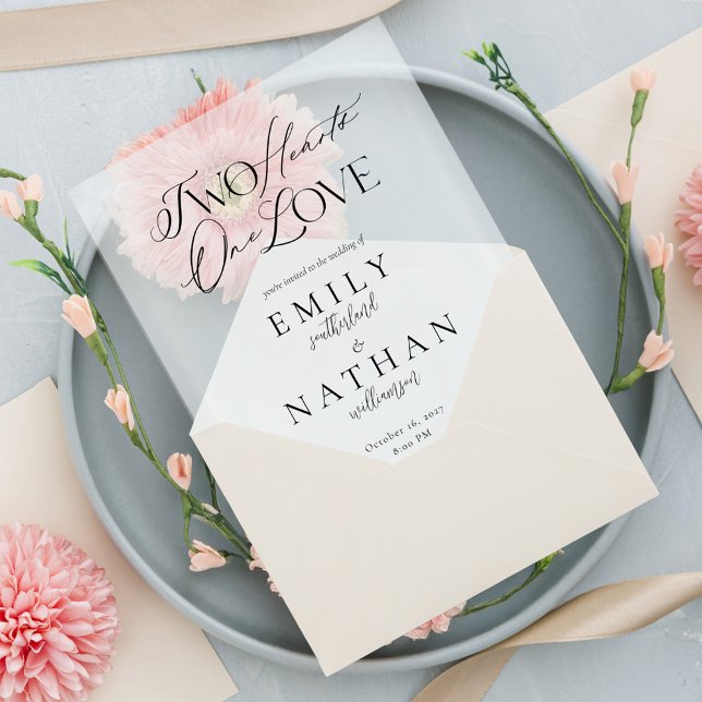 Invitations En Vélin Deux Coeurs Un Coeur Minimal Mariage de script mod (Two Hearts One Heart Minimal Modern Script Wedding Vellum Invitations)