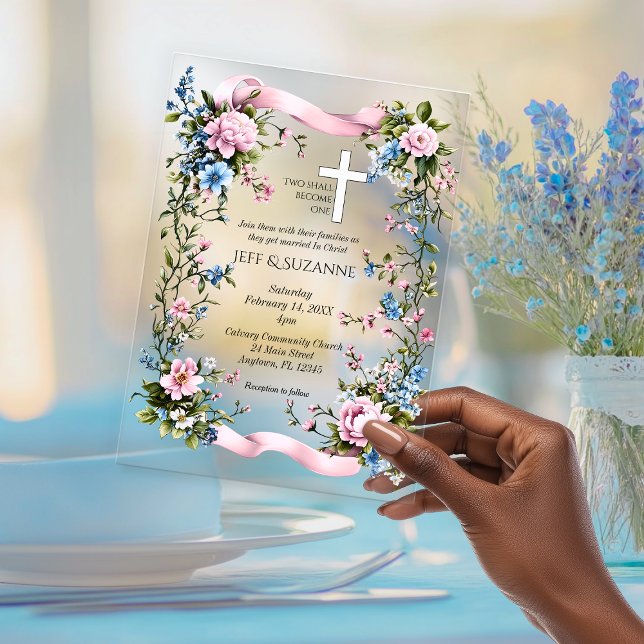 Invitations En Vélin Deux Élégants Deviennent Une Croix Florale De Ruba (Elegant Two Become One Pink Ribbon Floral Cross Vellum Invitations)