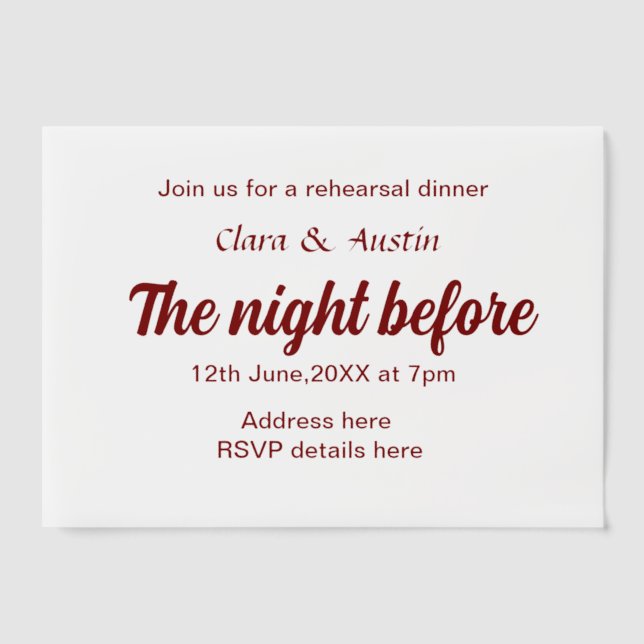 Invitations En Vélin dîner de répétition la veille simple minimal m (Recto)