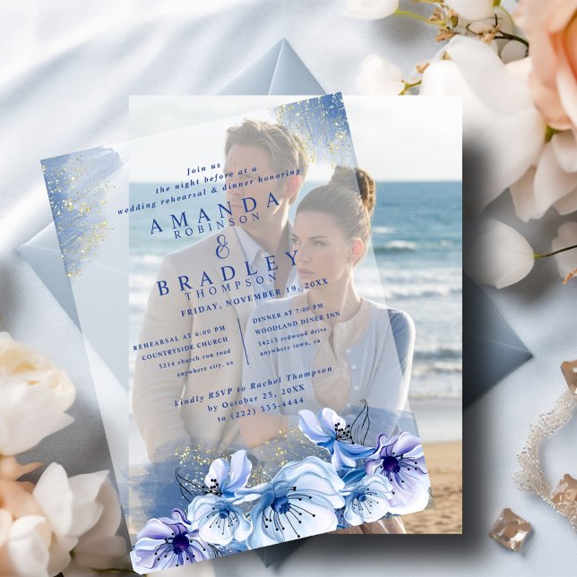 Invitations En Vélin Dîner de répétition Mariage Dusty Blue & Gold Part (Créateur téléchargé)