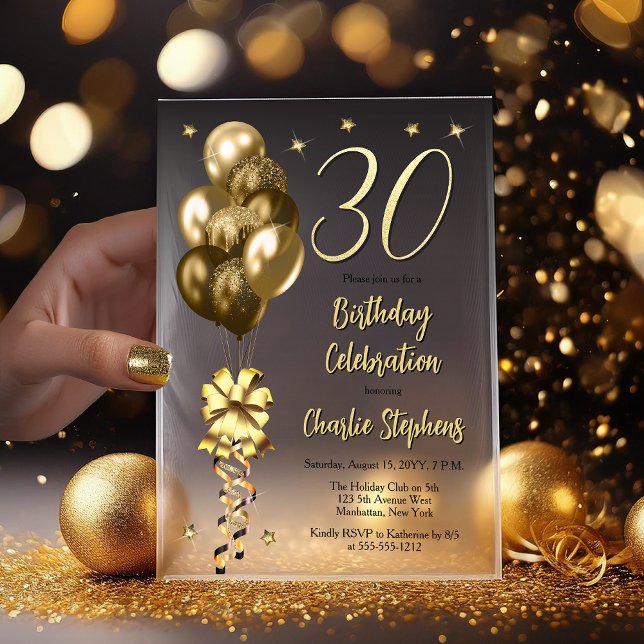 Invitations En Vélin Elégant Ballons d'or sur Black 30th Birthday Party (Elegant Faux Gold Glitter Accented Balloons on Fade to Black Backing 30th Birthday Vellum Invitation)