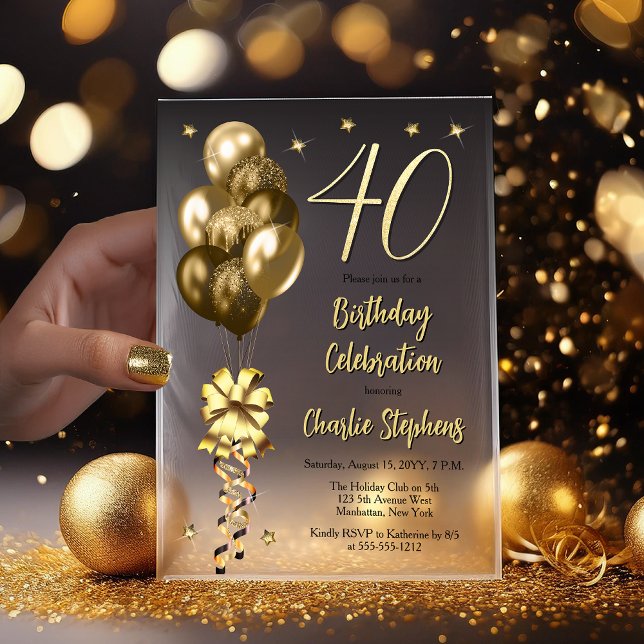 Invitations En Vélin Elégant Ballons d'or sur Black 40th Birthday Party (Elegant Faux Gold Glitter Accented Balloons on Fade to Black Backing 40th Birthday Vellum Invitation)