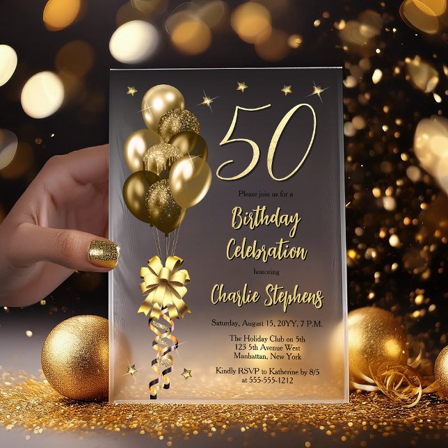 Invitations En Vélin Elégant Ballons d'or sur Black 50th Birthday Party (Elegant Faux Gold Glitter Accented Balloons on Fade to Black Backing 50th Birthday Vellum Invitation)