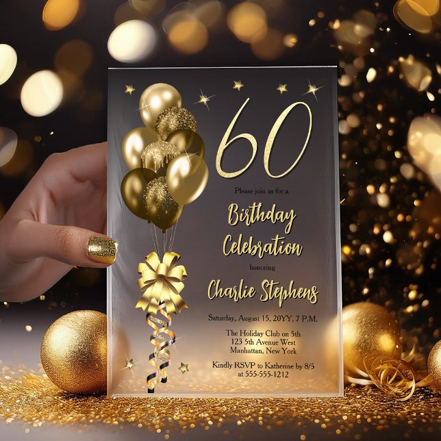 Invitations En Vélin Elégant Ballons d'or sur Black 60th Birthday Party (Elegant Faux Gold Glitter Accented Balloons on Fade to Black Backing 60th Birthday Vellum Invitation)