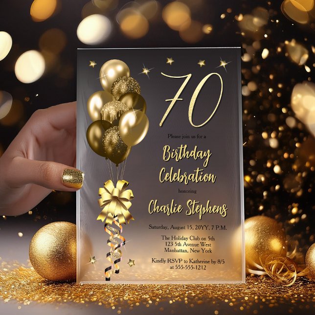 Invitations En Vélin Elégant Ballons d'or sur Black 70th Birthday Party (Elegant Faux Gold Glitter Accented Balloons on Fade to Black Backing 70th Birthday Vellum Invitation)