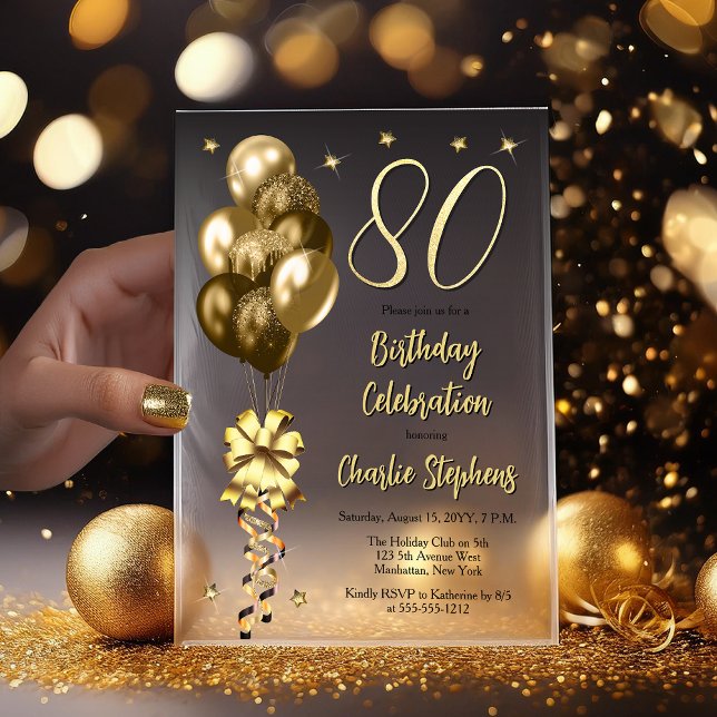 Invitations En Vélin Elégant Ballons d'or sur Black 80th Birthday Party (Elegant Faux Gold Glitter Accented Balloons on Fade to Black Backing 80th Birthday Vellum Invitation)